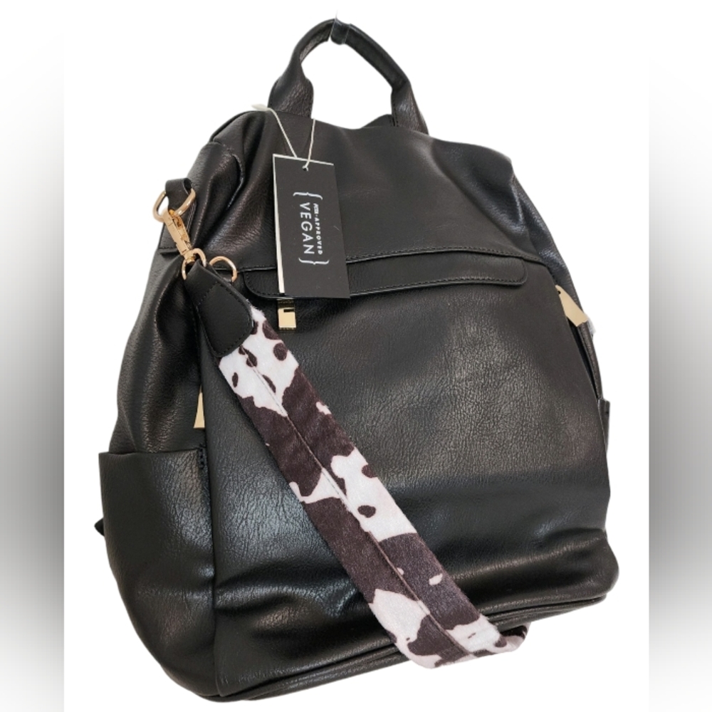 Le Miel Backpack Purse Black with Cow Print strap for crossbody/sling carry